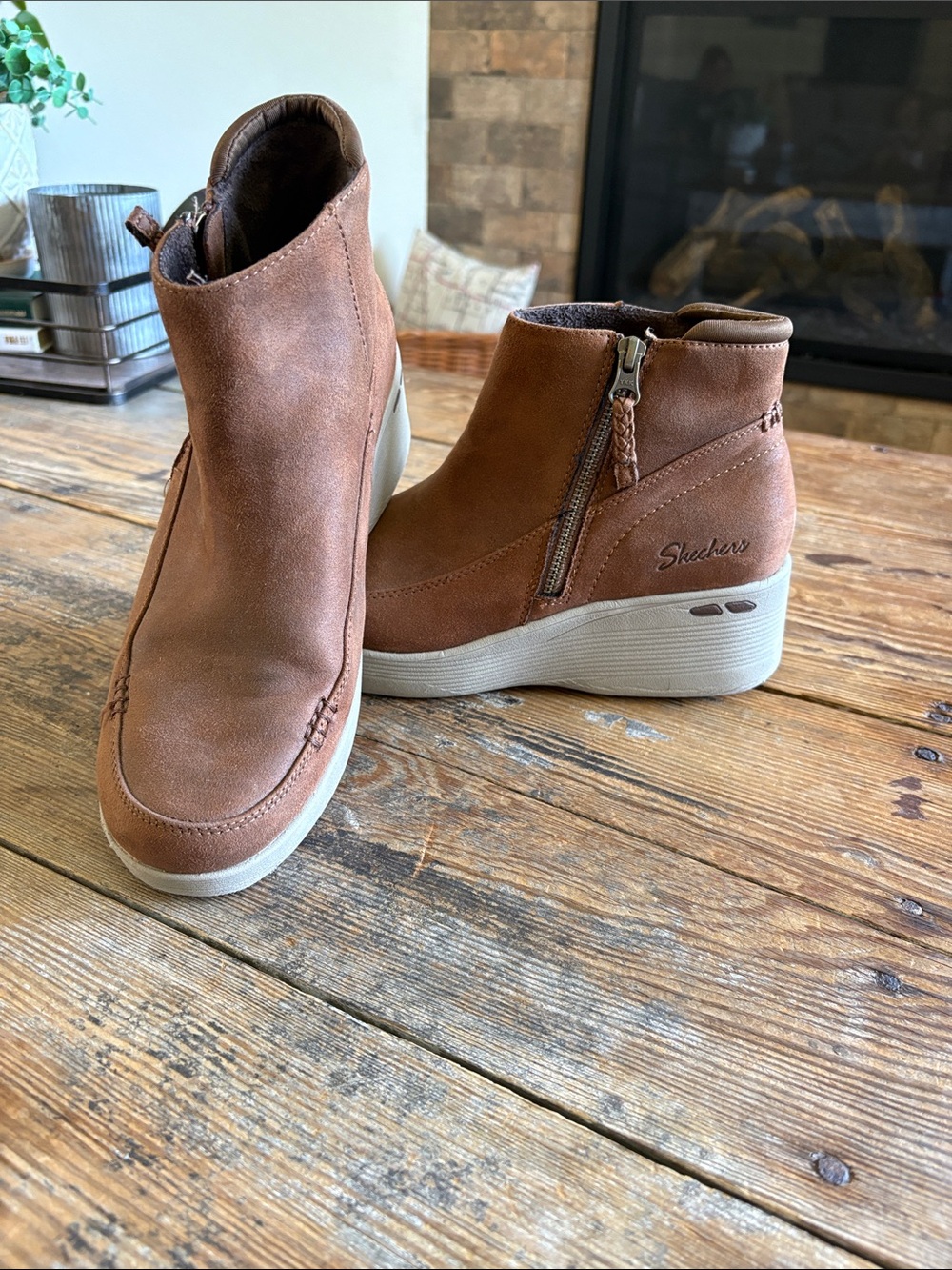 Skechers Women's Chestnut Brown Suede Wedge Ankle Booties